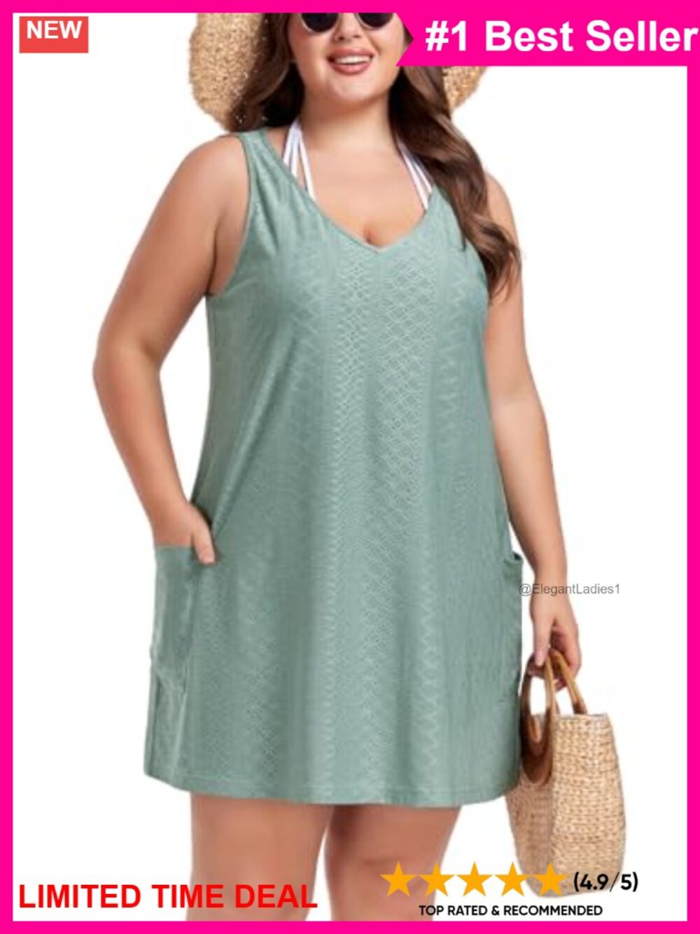 Plus Size Eyelet Swim Cover-Up Dress with Pockets Sleeveless Beach Coverup